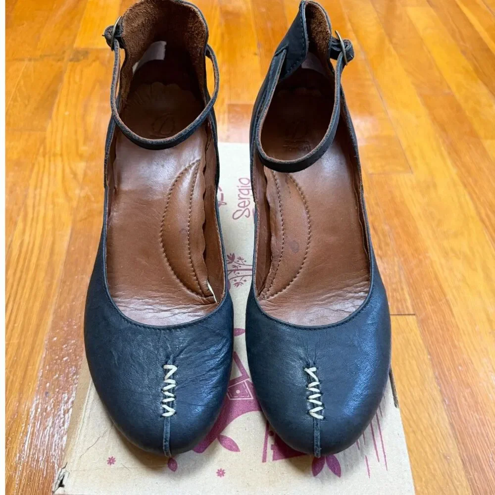 Sergio Tomani Ingrid Black Leather Ankle Strap Pumps Mary Jane Heels EU 40 US 9